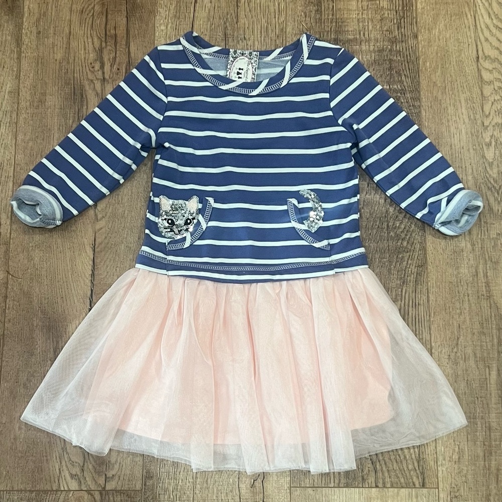 ZUNIE | blue striped/pink tulle kitty sequin dress